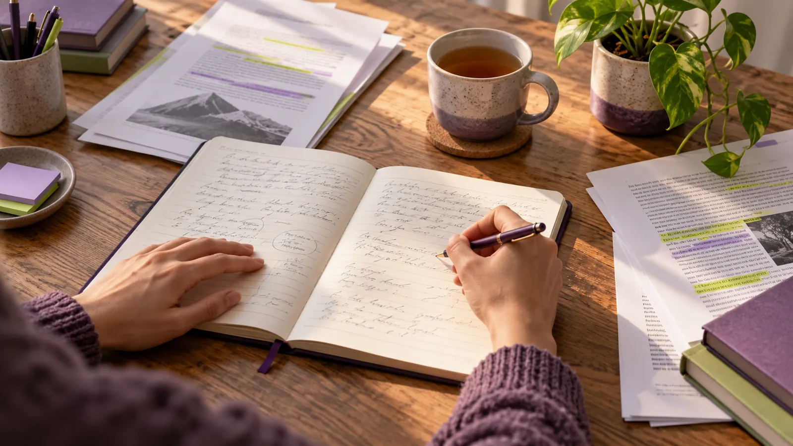 A person writing notes in a notebook surrounded by highlighted printed pages, a mug of tea and a plant