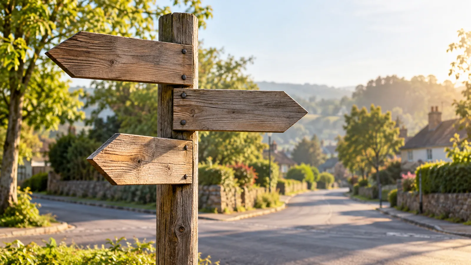 A wooden signpost with three blank arrows at a quiet neighbourhood crossroads
