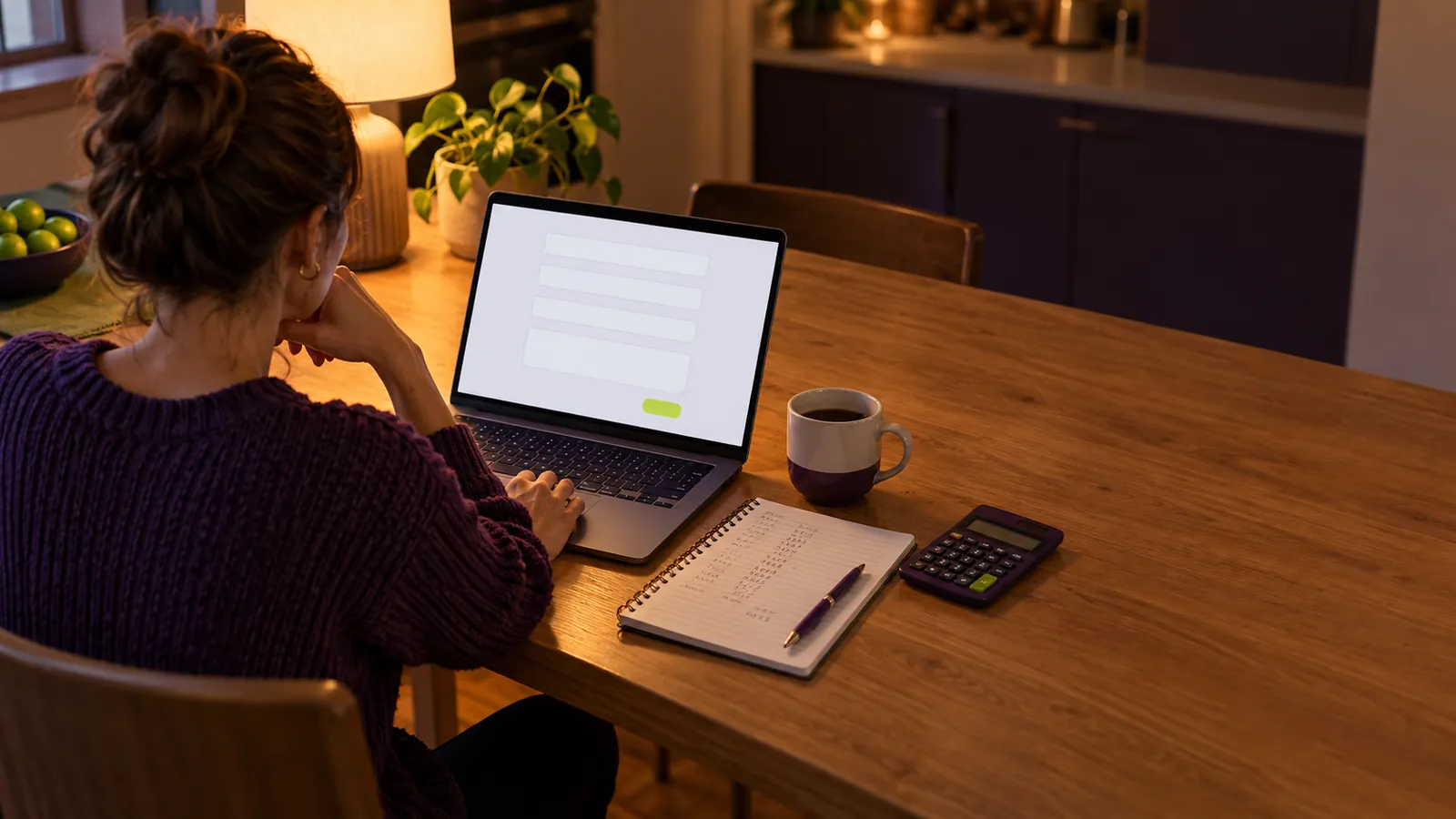 A person at a kitchen table with a laptop showing a blank request form, a notebook and a calculator