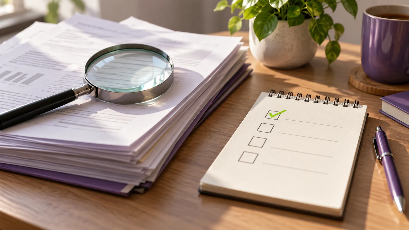 A magnifying glass on a stack of documents next to a notepad checklist with one item ticked