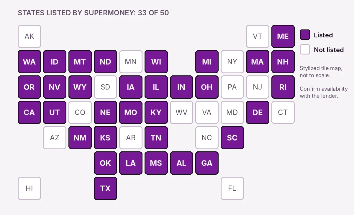 Stylized tile map of the 50 U.S. states showing the 33 states listed by SuperMoney and the 17 not listed